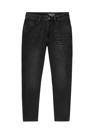 Jean en denim noir à coupe droite, avec un léger effet de délavage à l'avant, cinq poches, et une étiquette à la taille portant le nom "Gaston."