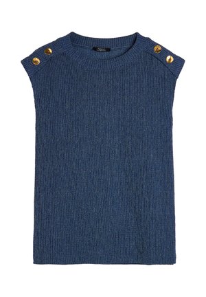 Niebieski dzianinowy top o teksturowanej powierzchni, okrągłym dekolcie i krótkich rękawach. Posiada złote guziki na ramionach dla dodatkowego akcentu.