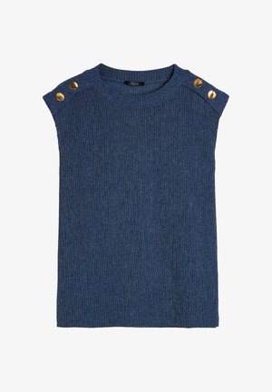 Niebieski dzianinowy top o teksturowanej powierzchni, okrągłym dekolcie i krótkich rękawach. Posiada złote guziki na ramionach dla dodatkowego akcentu.