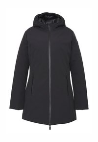 Cappotto invernale nero con cappuccio, chiusura frontale con zip e due tasche laterali con zip.