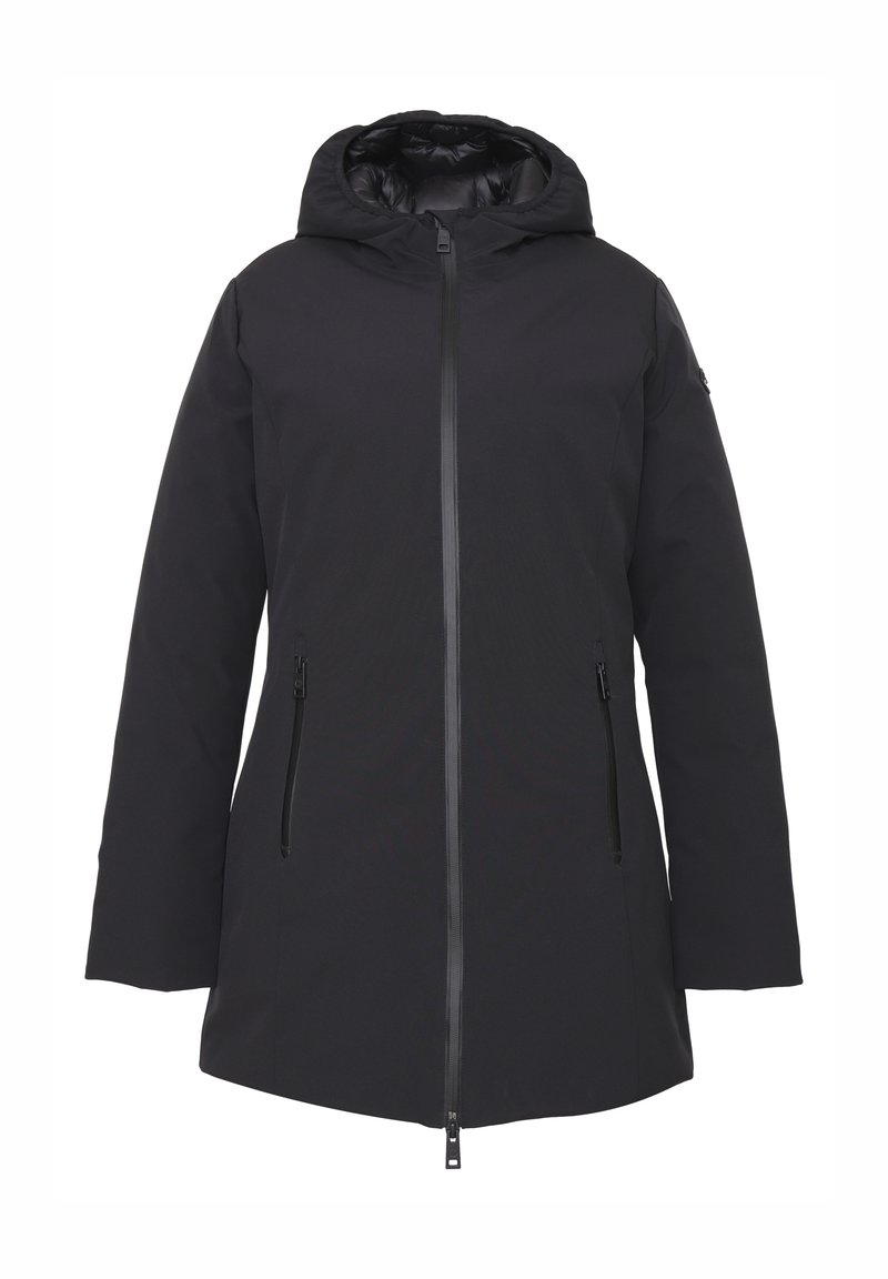 Cappotto invernale nero con cappuccio, chiusura frontale con zip e due tasche laterali con zip.