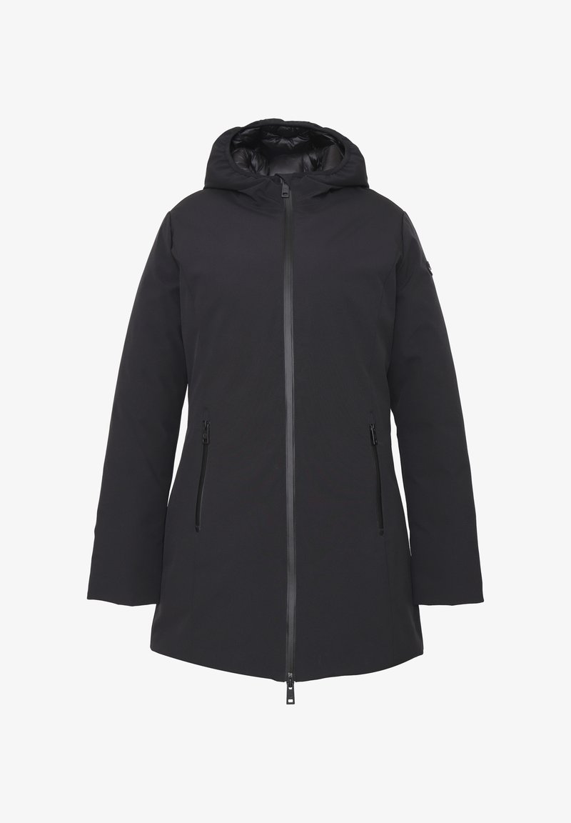 Cappotto invernale nero con cappuccio, chiusura frontale con zip e due tasche laterali con zip.