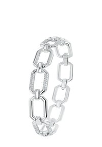 Pulsera de cadena de plata con eslabones rectangulares alternos, algunos con un acabado texturizado, y acentos de pequeños cristales incrustados.