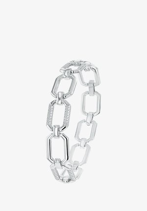 Silberne Kettenarmband mit abwechselnd rechteckigen Gliedern, von denen einige eine strukturierte Oberfläche haben, und Akzenten von kleinen eingebetteten Kristallen.