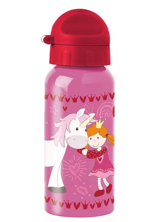 Pink metal water bottle featuring a red cap. Decorated with a unicorn and a girl, both with vibrant colors and a crown-themed pattern.