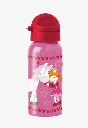 Pink metal water bottle featuring a red cap. Decorated with a unicorn and a girl, both with vibrant colors and a crown-themed pattern.