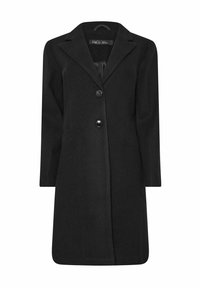Cappotto in misto lana nero con siluette strutturata, revers a punta, monopetto con due bottoni e due tasche laterali. Fodera interna liscia.