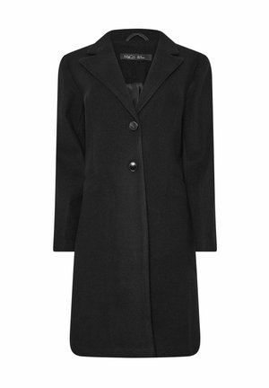 Zwarte wolmix jas met een gestructureerde silhoutte, geknoopte revers, enkelvoudige borst met twee knopen en twee zijzakken. Soepele binnenvoering.