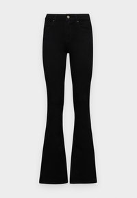 Jean noir taille haute avec fermeture à bouton et fermeture éclair, poches avant et jambes évasées larges sur un fond clair uni.