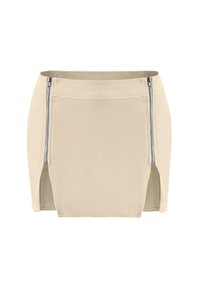 Beige Minirock mit glatter Textur, zwei seitlichen Reißverschlüssen und einer figurnahen Silhouette. Mit Schlitzen für mehr Bewegungsfreiheit gestaltet.