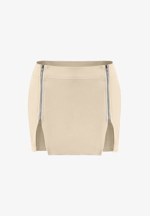 Beżowa mini spódnica o gładkiej fakturze, z dwoma bocznymi zamkami i dopasowanym krojem. Zaprojektowana z rozcięciami dla swobody ruchów.