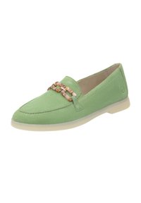 Grüne Wildlederloafer mit cremefarbener Gummisohle. Mit einer dekorativen Kettenakzent in rosa und tan Farben. Abgerundete Zehenform und Steppnähten.