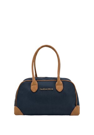Borsa a mano blu navy con manici in pelle marrone e rifiniture, con chiusura a zip e logo GianMarcoVenturi sul davanti.