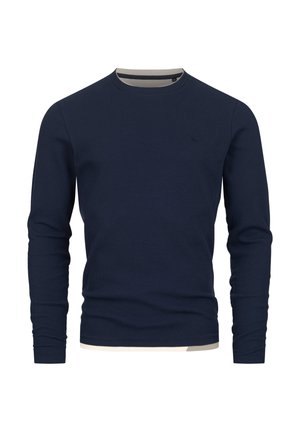 Navyblå langærmet t-shirt med ribbet tekstur og rund halsudskæring, med lyse farvede detaljer ved kraven og kanten.