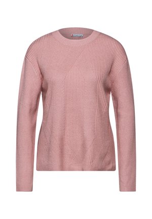 Jersey rosa de canalé con mangas largas, cuello redondo y patrones de textura geométrica. Fabricado en tejido suave, ofrece un ajuste relajado.