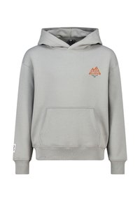 Grey hoodie made of soft material, featuring a front pocket, ribbed cuffs, and an orange triangular logo on the chest.