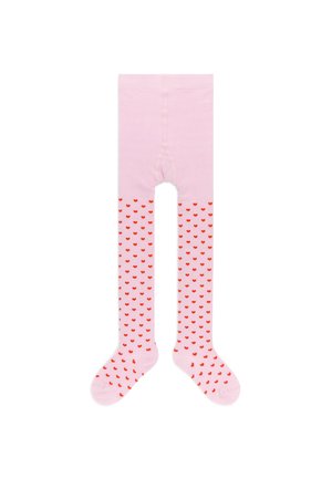 Collant rosa chiaro per bambini con motivi a cuore rossi che coprono gambe e piedi su sfondo bianco.