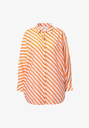 Košile s knoflíky, která má vertikální oranžové a bílé diagonální pruhy. Vyrobena z lehkého materiálu, s límečkem a dlouhými rukávy.