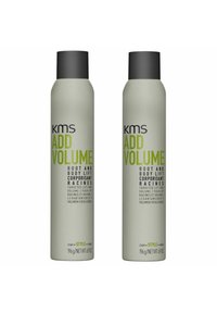KMS Add Volume spray bottles are gray with black caps. The labels feature green text highlighting "Root and Body Lift" and product details.