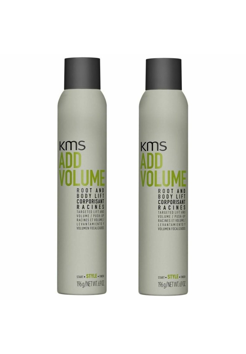 KMS Add Volume spray bottles are gray with black caps. The labels feature green text highlighting "Root and Body Lift" and product details.