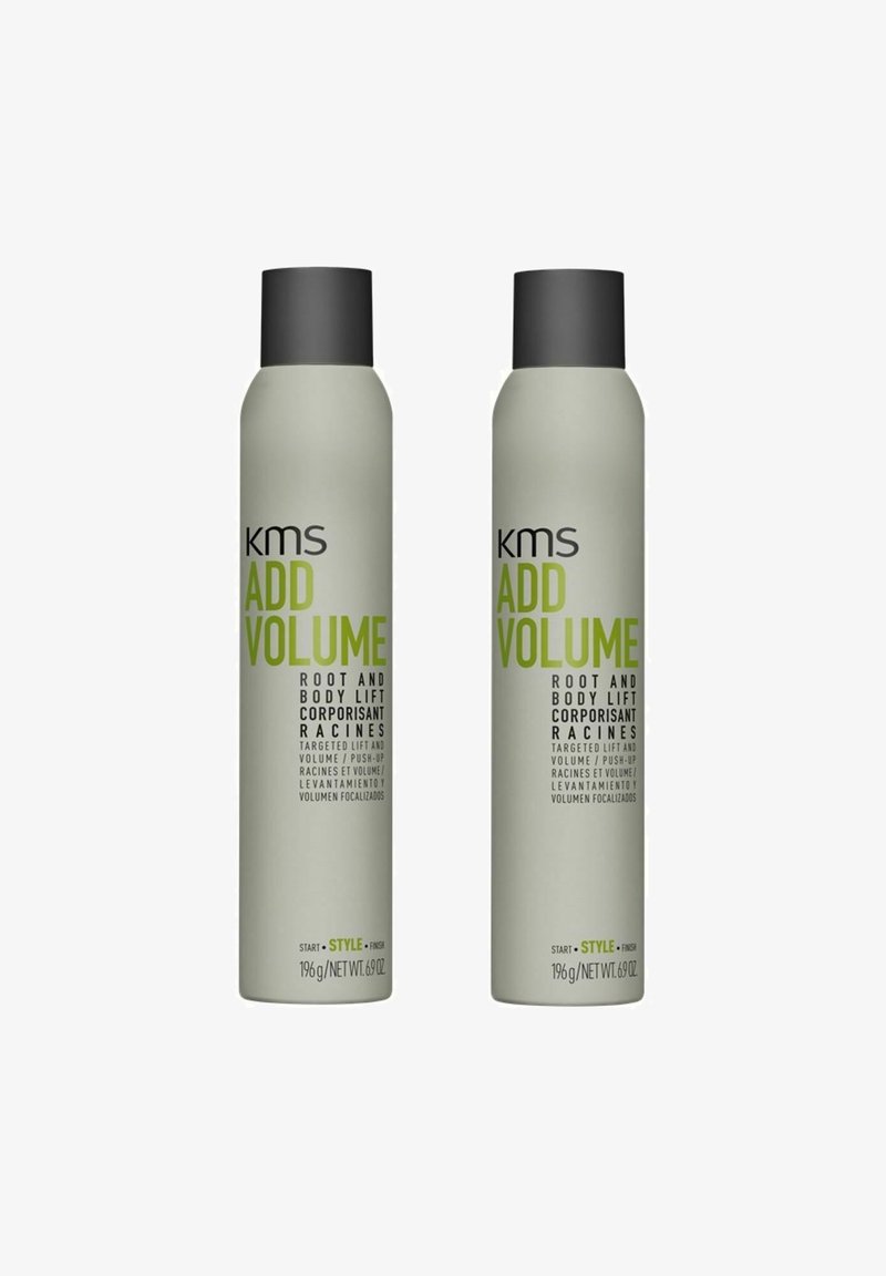 KMS Add Volume spray bottles are gray with black caps. The labels feature green text highlighting "Root and Body Lift" and product details.