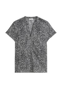 Black top with short sleeves, featuring a white speckled pattern. V-neck design and a relaxed fit complete the lightweight, fabric texture.