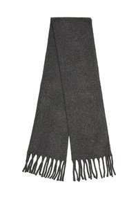 Grau gestrickter Wollschal mit fransigen Kanten, der eine strukturierte, weiche Oberfläche und ein gerades, rechteckiges Design für vielseitige Stylingmöglichkeiten bietet.
