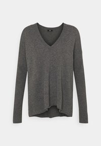 Grauer Strickpullover mit V-Ausschnitt, langen Ärmeln und lockerer Passform. Verfügt über eine gerippte Struktur an den Ärmeln und einen ungleichmäßigen Saum.