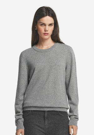 Pull gris fait en tissu doux, avec un col rond, des manches longues et un ourlet côtelé. Texture lisse, design minimaliste.