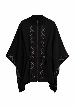 Black poncho with a high collar, featuring contrasting pink diamond embroidery and a front zipper, adjustable drawstrings, and side slits.