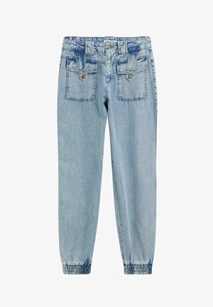 Hele sinine teksad džempripüksid elastsete mansettidega, kaks eesmist klapiga taskut nuppude ja ühe nupu ning luku sulgemisega.