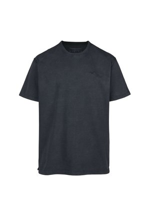 Dunkelblaues Baumwoll-T-Shirt mit kurzen Ärmeln und Rundhalsausschnitt, das ein kleines gesticktes Logo auf der linken Brust aufweist. Weiche Textur und lockerer Sitz.