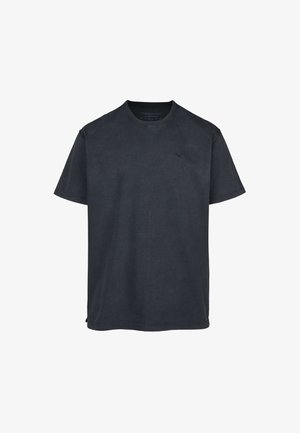 Dunkelblaues Baumwoll-T-Shirt mit kurzen Ärmeln und Rundhalsausschnitt, das ein kleines gesticktes Logo auf der linken Brust aufweist. Weiche Textur und lockerer Sitz.