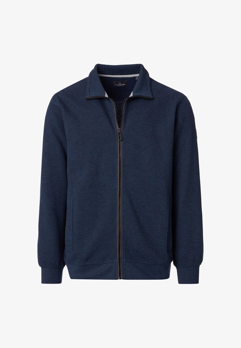 Giacca blu navy con zip realizzata in tessuto strutturato, con collo alla coreana, tasche laterali e polsini a coste su maniche e orlo.