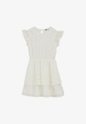 Vestito bianco in pizzo floreale con maniche corte arricciate, gonna a strati e chiusura a bottone con asola sulla schiena. Texture morbida.