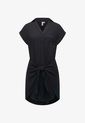 Zwarte, kortärmelige overhemd met knopen, een voorzak en een gestrikt middel. Glad materiaal met een licht gebogen zoom. Verticaal kraagontwerp.