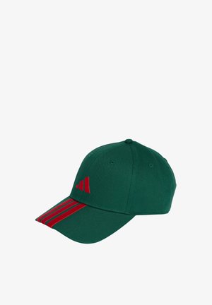 Green baseball cap with red diagonal stripes on the bill and a red triangular logo on the front panel.
