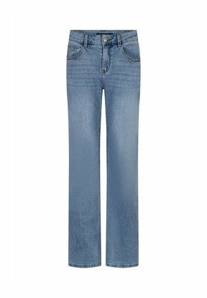 Blauwe denim jeans met rechte pijpen, voorste knoop en rits, twee voorzakken, en subtiele vervaging op de dijen en knieën.