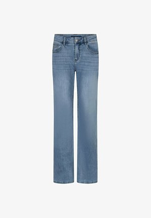 Blauwe denim jeans met rechte pijpen, voorste knoop en rits, twee voorzakken, en subtiele vervaging op de dijen en knieën.