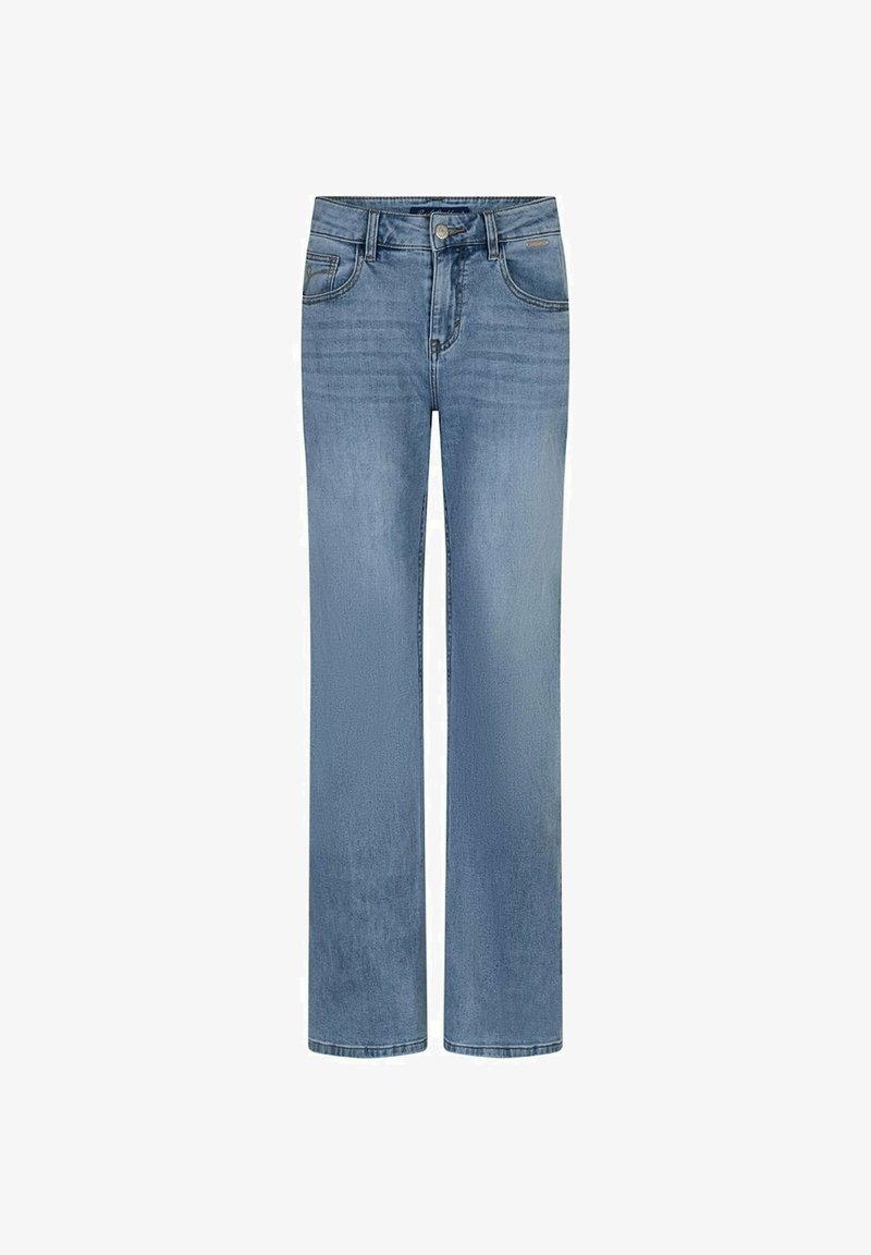 Blauwe denim jeans met rechte pijpen, voorste knoop en rits, twee voorzakken, en subtiele vervaging op de dijen en knieën.