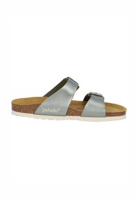 Sandalia tipo flip-flop con dos correas metálicas grises, plantilla de corcho y suela de goma blanca. Logotipo de la marca "palado" grabado en el lateral.