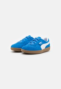 Blaue Wildledersneaker mit weißen Akzenten, flachen Schnürsenkeln und einer braunen Gummisohle. Mit einem Logopatch an der Seite. Klassisches Design.