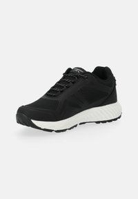 Black athletic shoe with a mesh upper, flat laces, and a white midsole. Features textured accents and a sturdy rubber outsole.