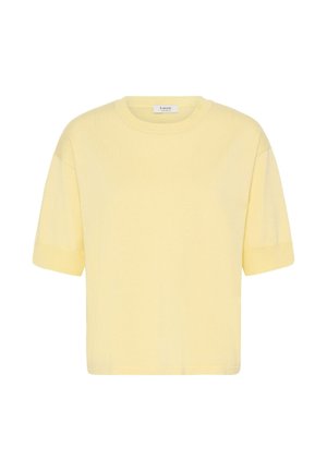 Sárga rövid ujjú kötött pulóver kör alakú nyakkivágással és egyenes szegéllyel.