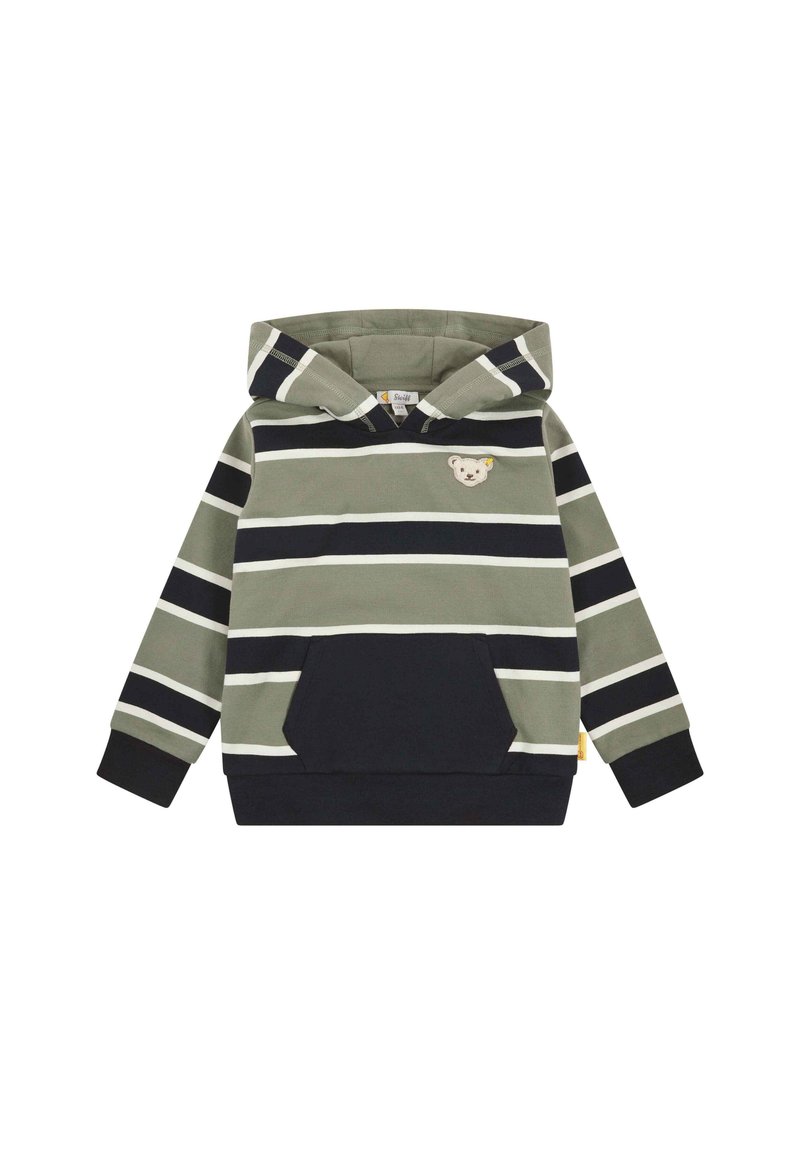 Olijfgroen hoodie met marineblauwe en witte strepen, voorzien van een voorzak en een berenpatch op de borst. Katoenen materiaal.