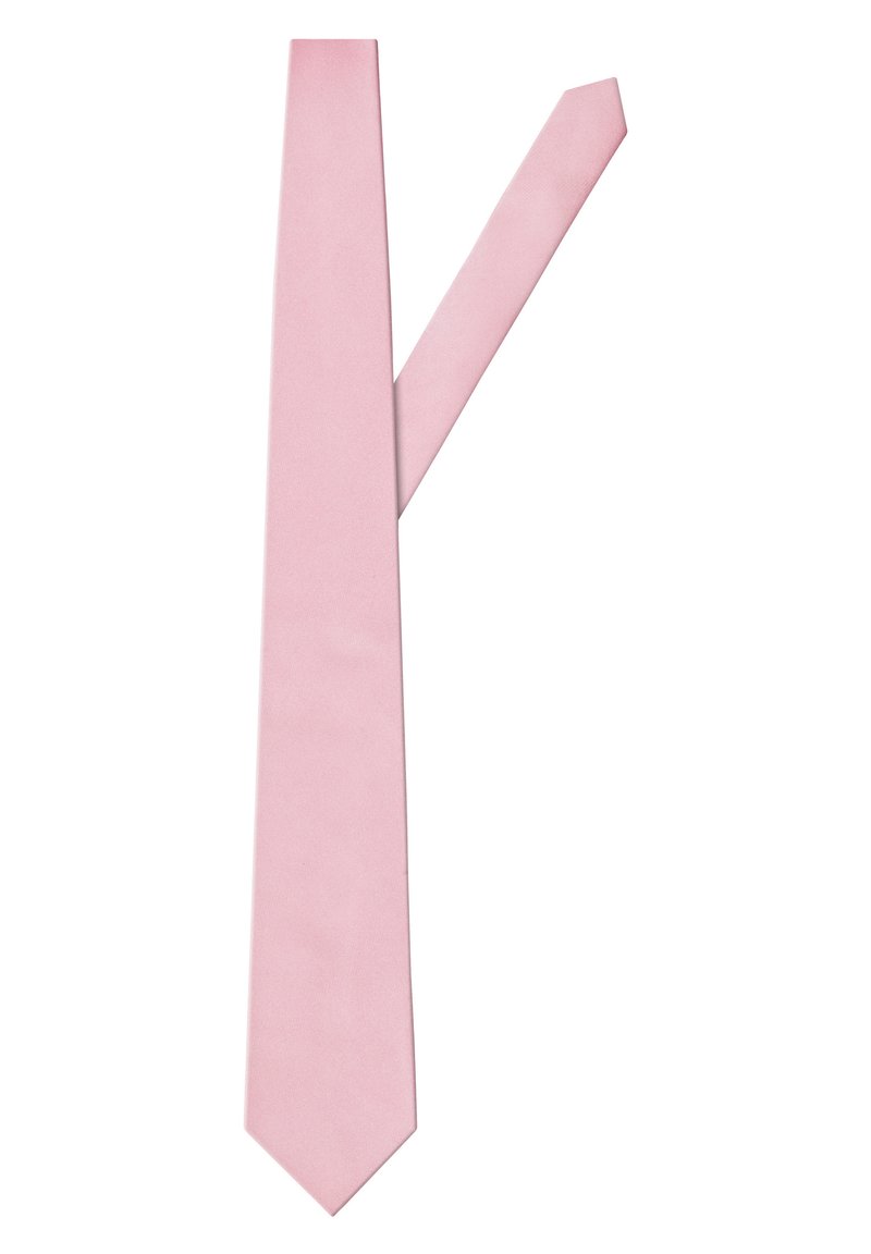 Roze zijden das met een soepele textuur, met een smal ontwerp en een puntige punt, plat gelegd met één uiteinde dat gedeeltelijk over het andere is gevouwen.