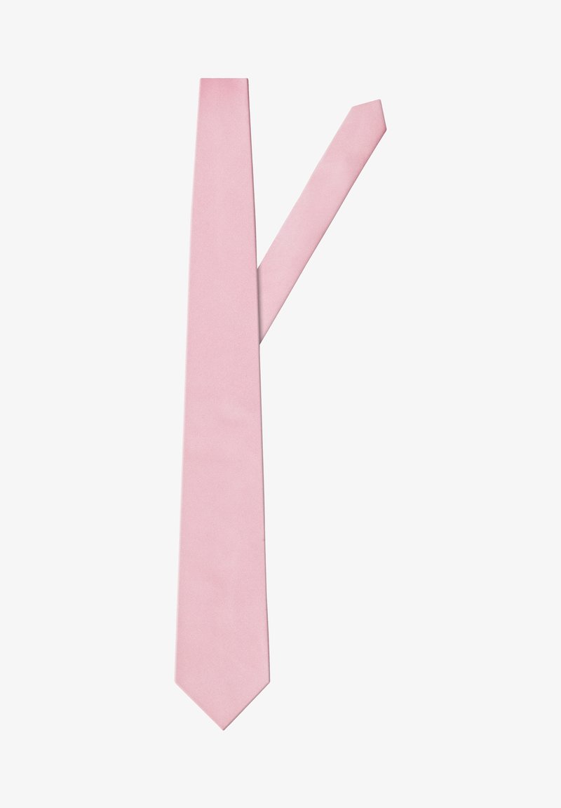 Roze zijden das met een soepele textuur, met een smal ontwerp en een puntige punt, plat gelegd met één uiteinde dat gedeeltelijk over het andere is gevouwen.