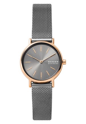 Round wristwatch with gray sunray dial, rose gold markers and case, and a silver mesh strap showing time 1:11.
