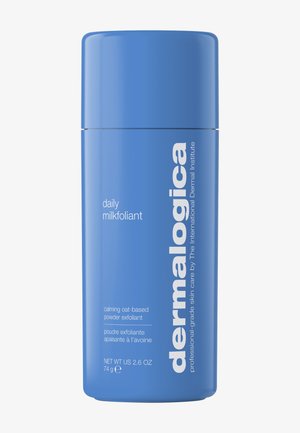 Blaues zylindrisches Behältnis mit der Aufschrift "Dermalogica Daily Milkfoliant", mit weißem Text, der die beruhigende exfolierende Formel auf Haferbasis hervorhebt.