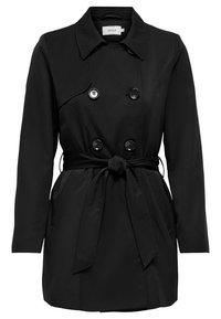 Schwarzer Trenchcoat mit einem doppelt breiten Design, großen Revers, Knopfverschluss und einem gebundenen Taillengürtel. Der Stoff ist glatt und leicht.